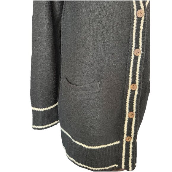 LUCKY BRAND Black Varsity-stripe Sweater Long Cardigan Coat Vneck Pockets SMALL - Picture 6 of 9